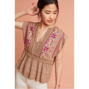 NWT! Bl-nk London by Anthropologie Embroidered Beaded Tan Multicolored Top